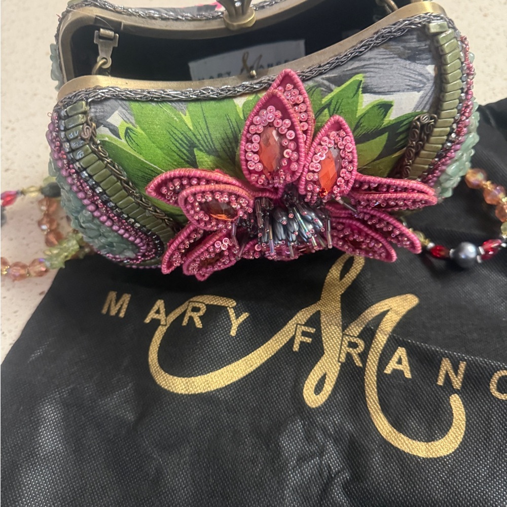 Mary Frances Pink and Green Beaded Floral Wristlet
